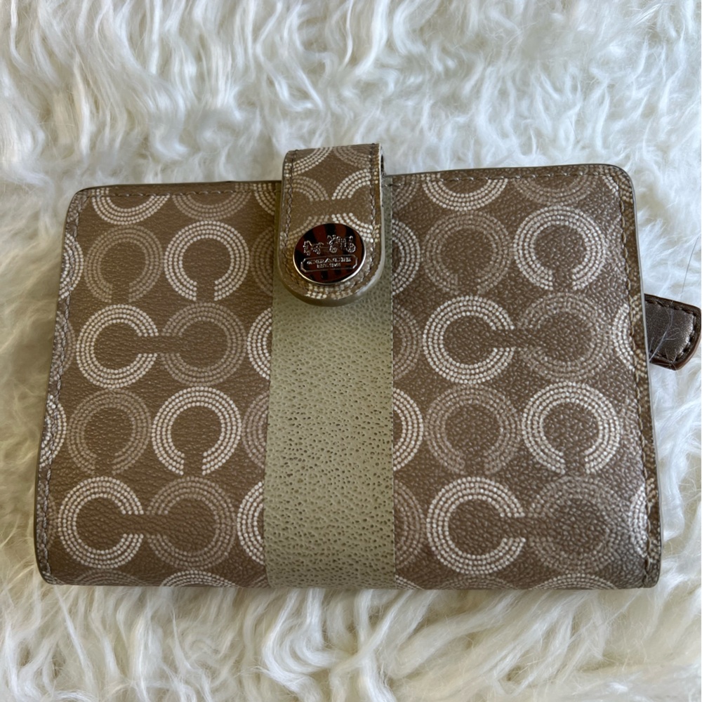 Coach Brown & Cream Signature Circle Wallet with Center Strap